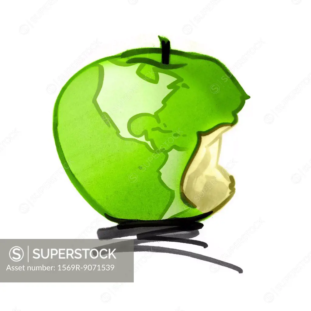 Globe in form of apple, missing bite on South America continent