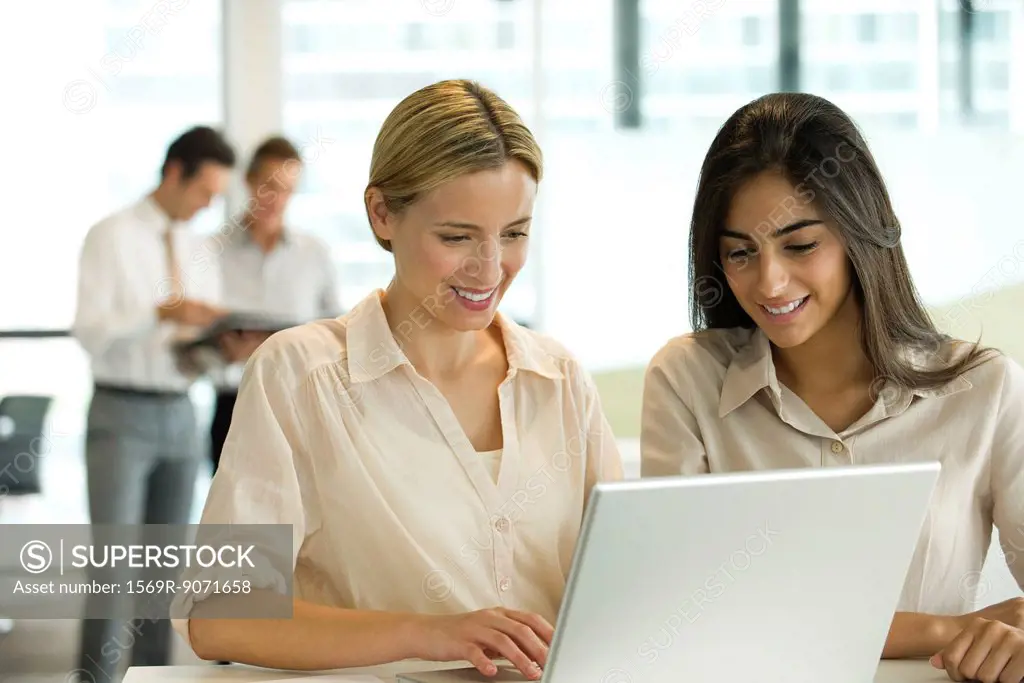 Female colleagues working together on laptop computer