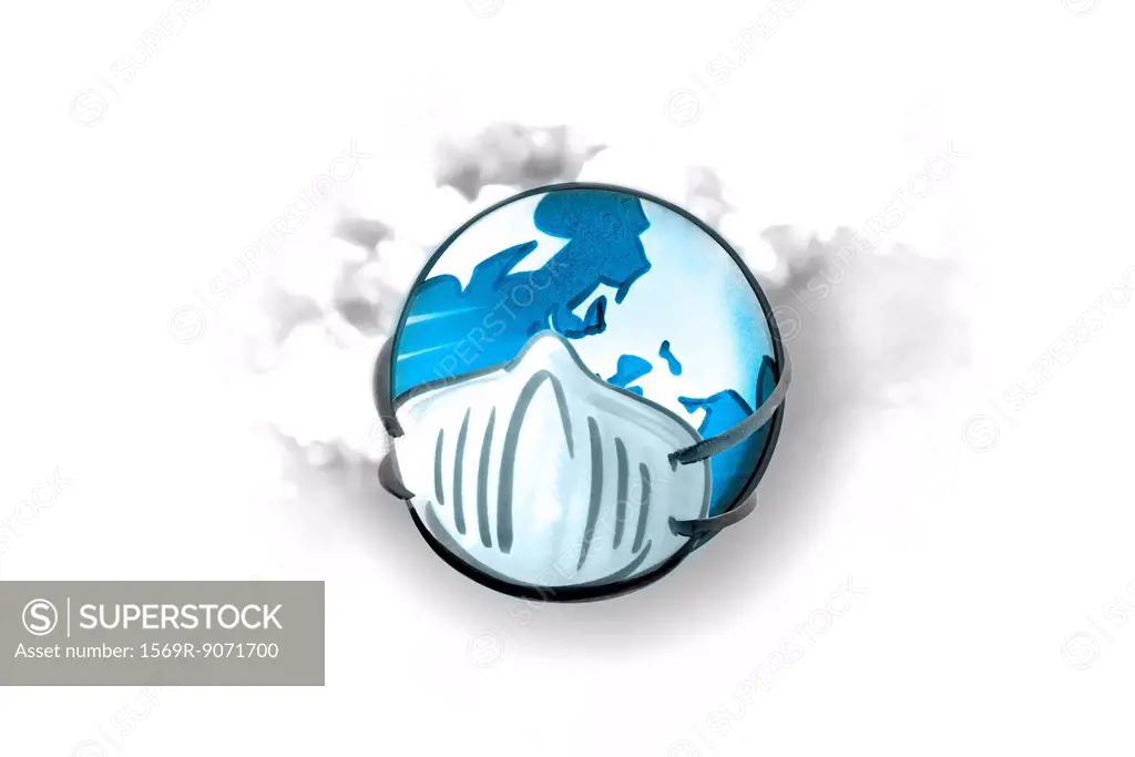 Earth with mask, smoke in background
