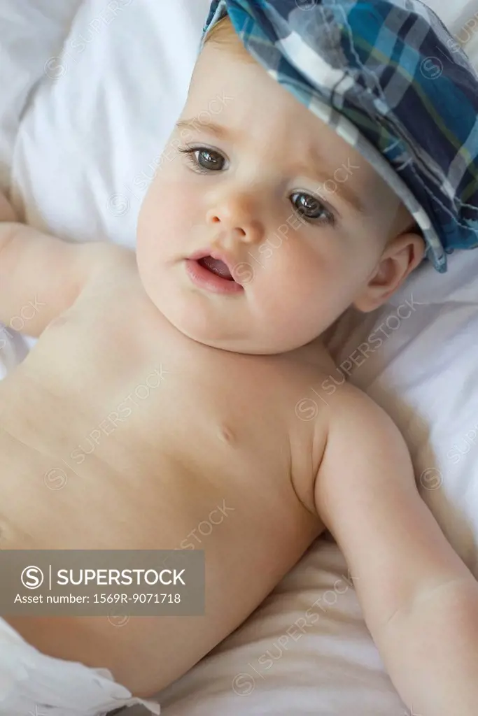 Infant wearing hat, portrait