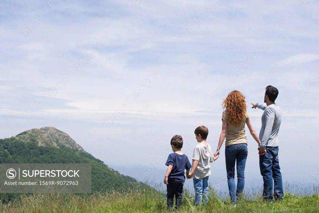 Family enjoying scenic mountain view, rear view