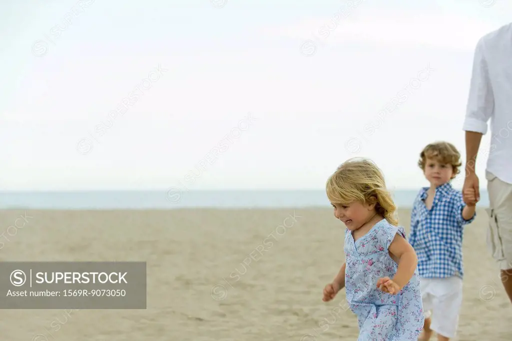 Little girl having fun at the beach with family