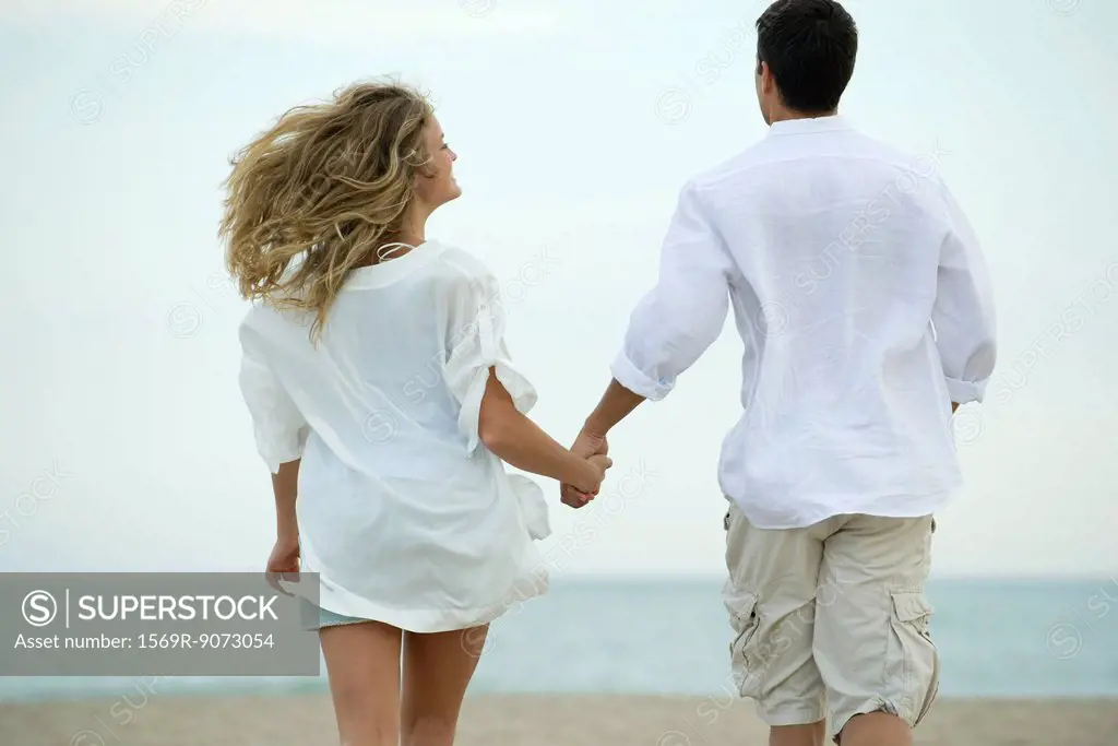 Couple walking hand in hand at the beach, rear view