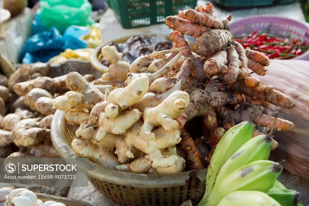 Varieties of ginger roots on market stall