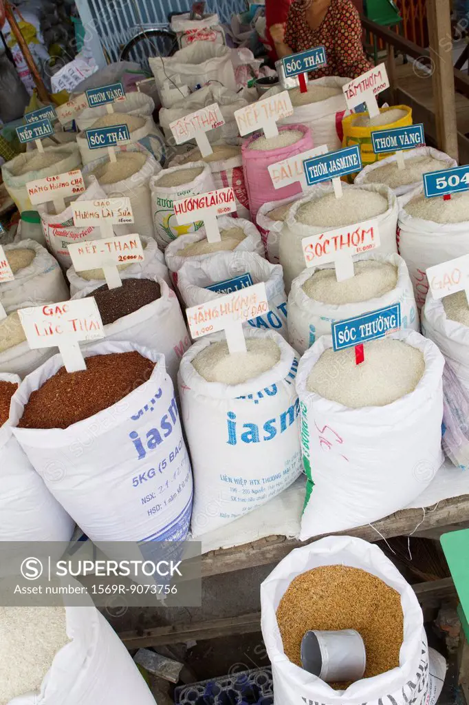 Vietnam, assorted varieties of rice in market