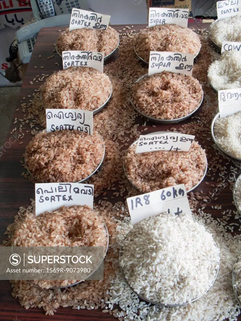 Assorted rice varieties in market, India