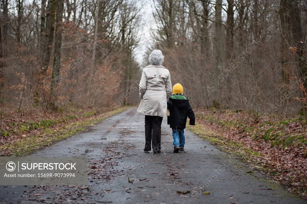 Grandmother and grandson walking in woods, holding hands, rear view