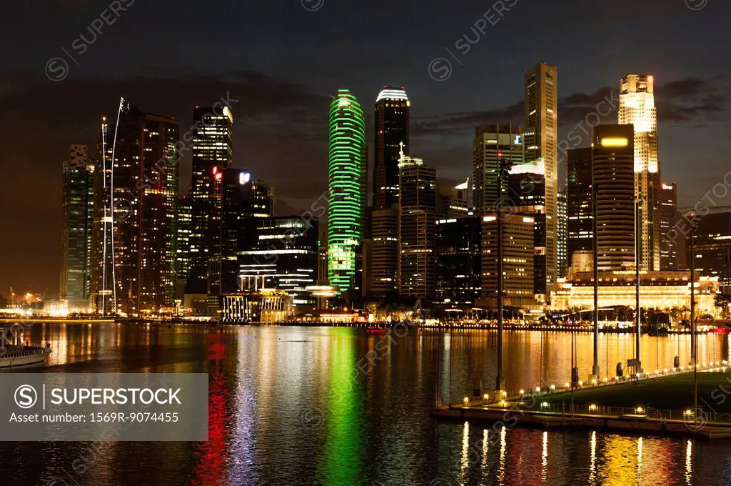 Singapore, waterfront skyline viewed from esplanade at night