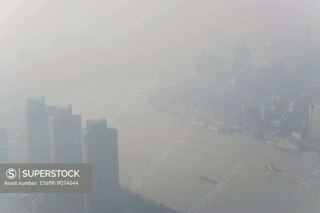 Smoggy aerial view of Shanghai, China