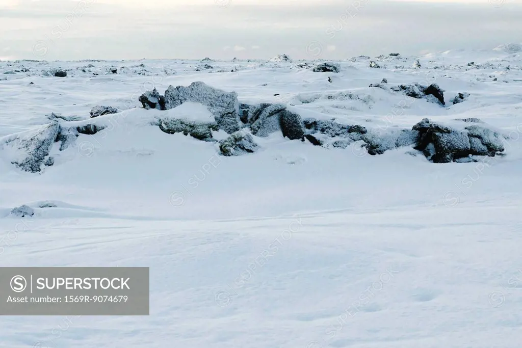 Volcanic rock covered in snow, Reykjanes Peninsula, Iceland