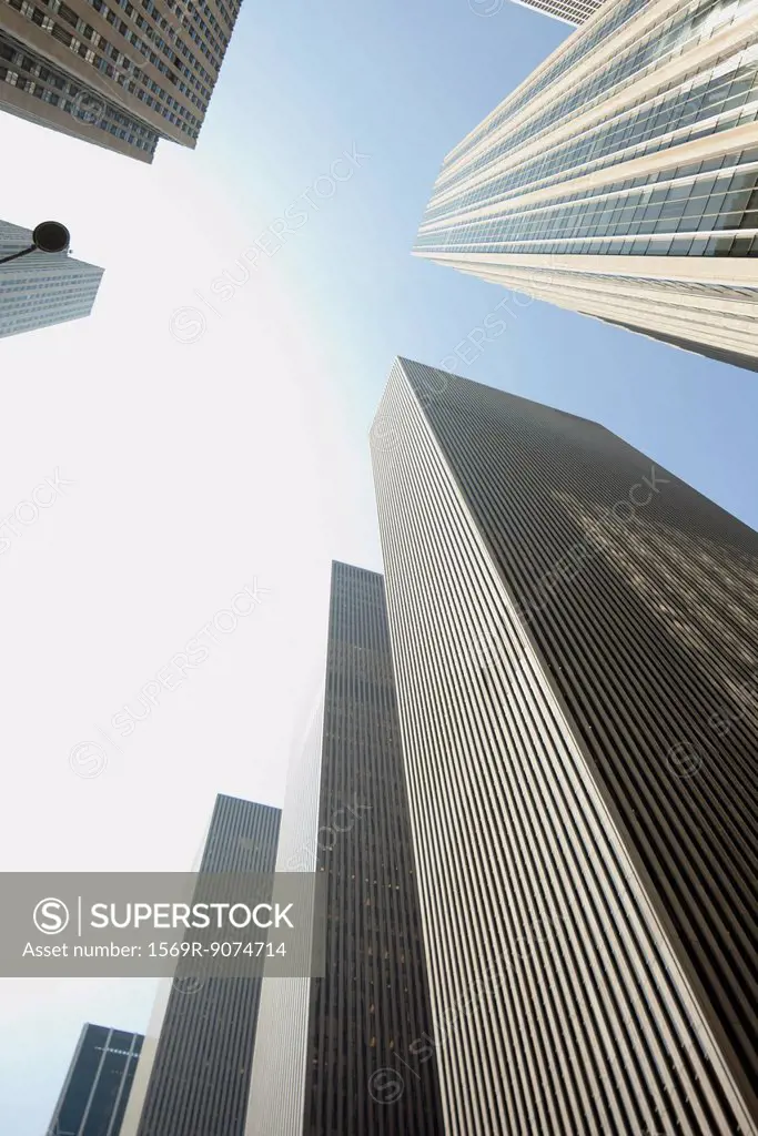 Low angle view of skyscrapers, New York City, New York, USA