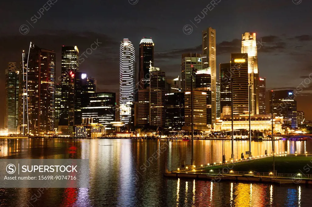 Singapore waterfront skyline at night viewed from esplanade