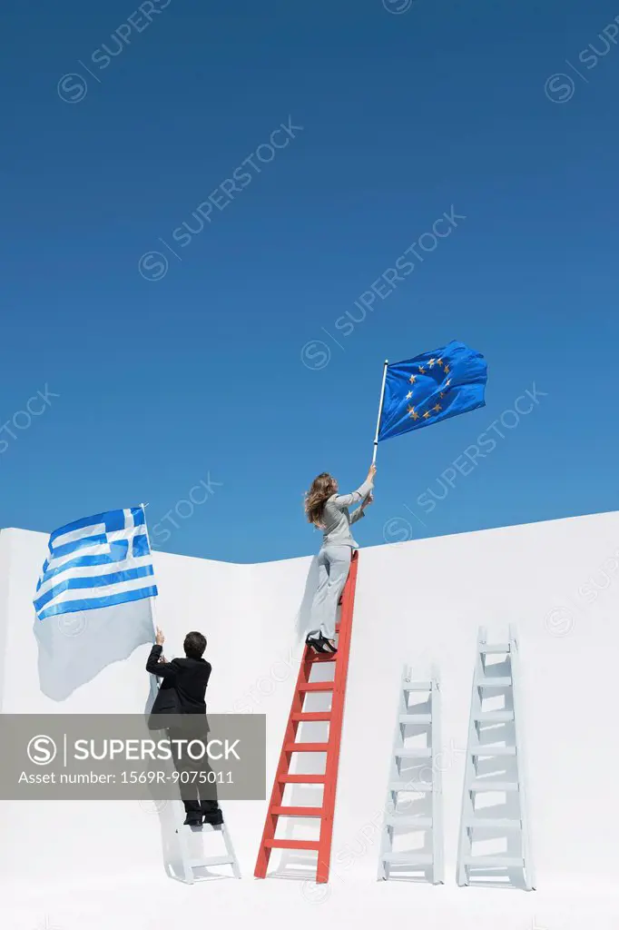 Executives climbing ladders, holding European Union flag and Greek flag to symbolize economic crisis