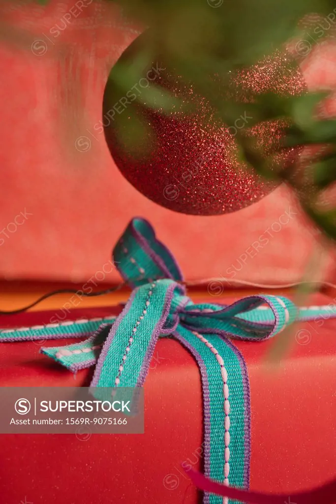 Festively wrapped Christmas gift, close_up