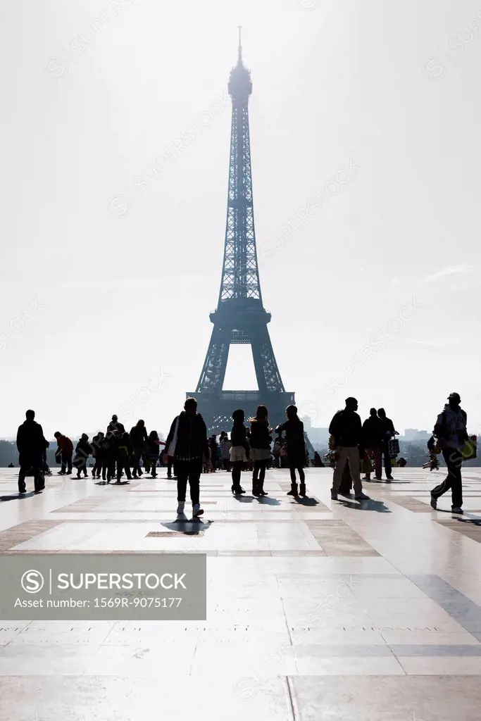 Tourists view Eiffel Tower from Palais de Chaillot, Paris, France