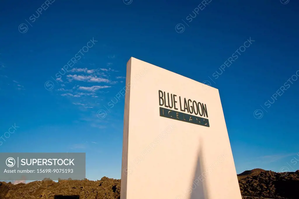 Sign for Blue Lagoon geothermal spa, Grindavik, Iceland