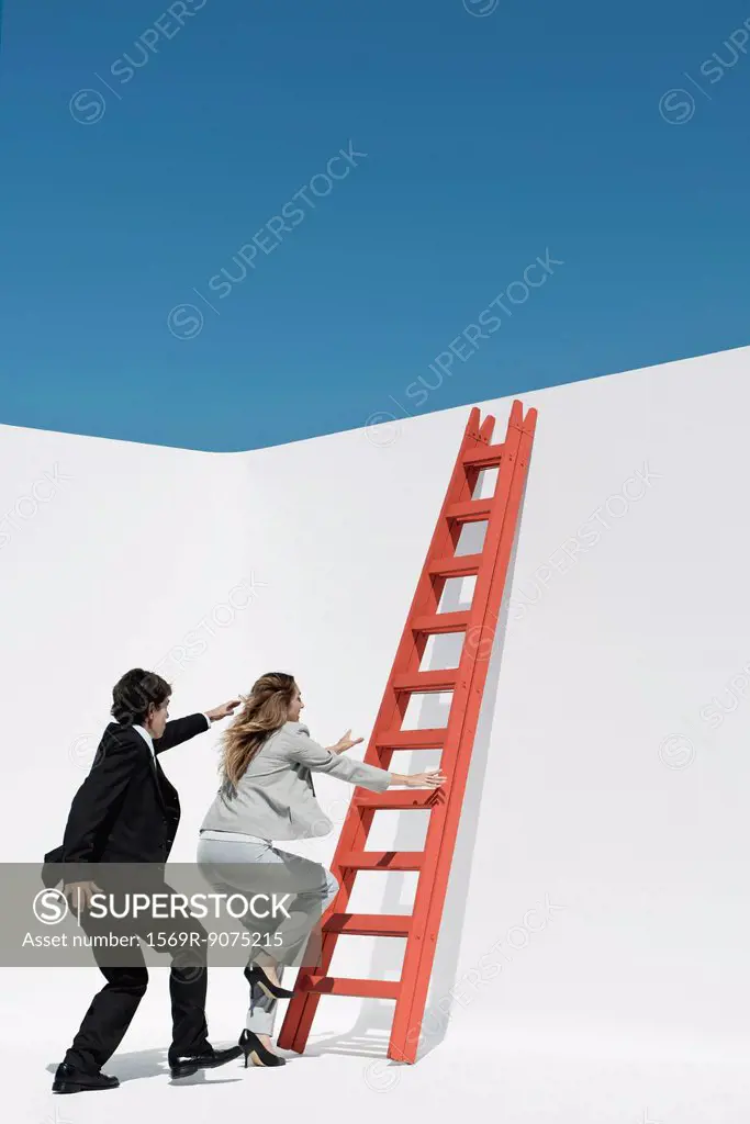 Executives racing each other to climb ladder