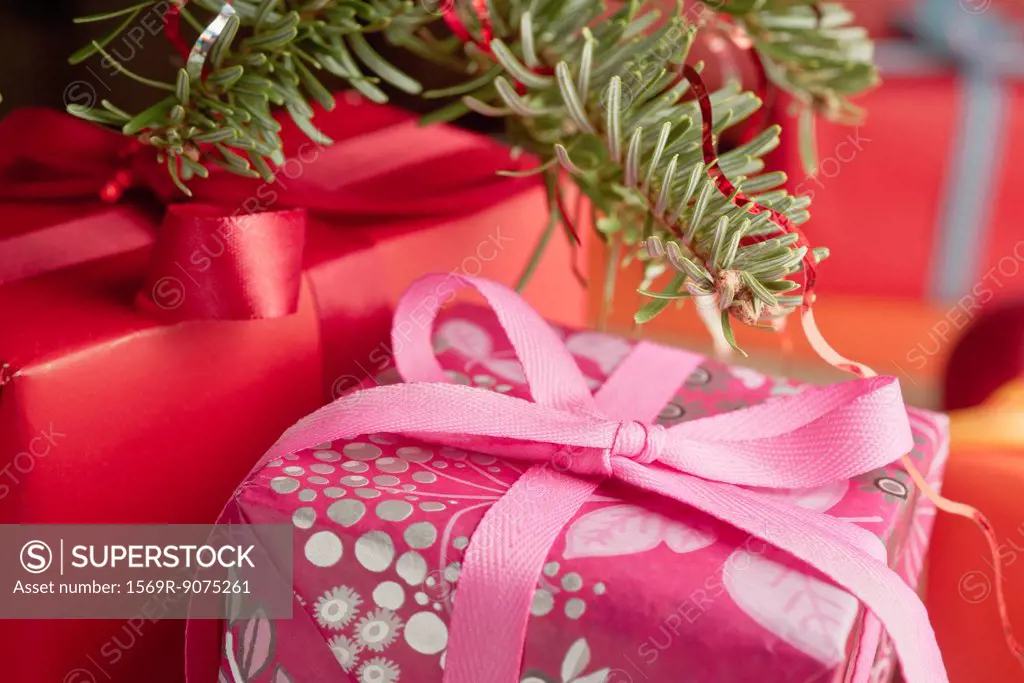 Festively wrapped Christmas gifts, close_up