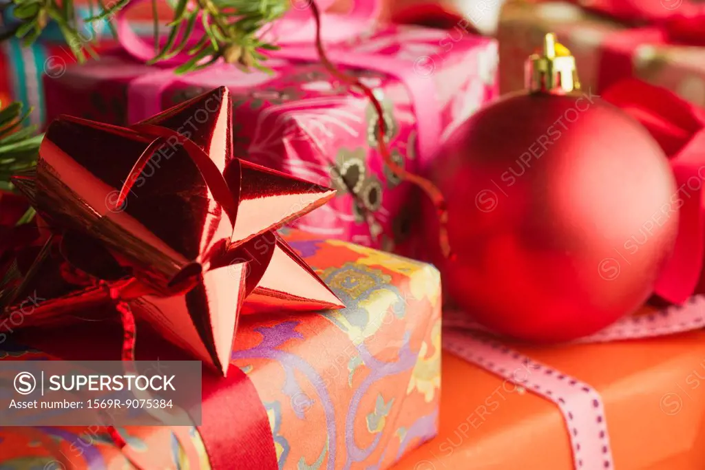 Festively wrapped Christmas gifts, close_up