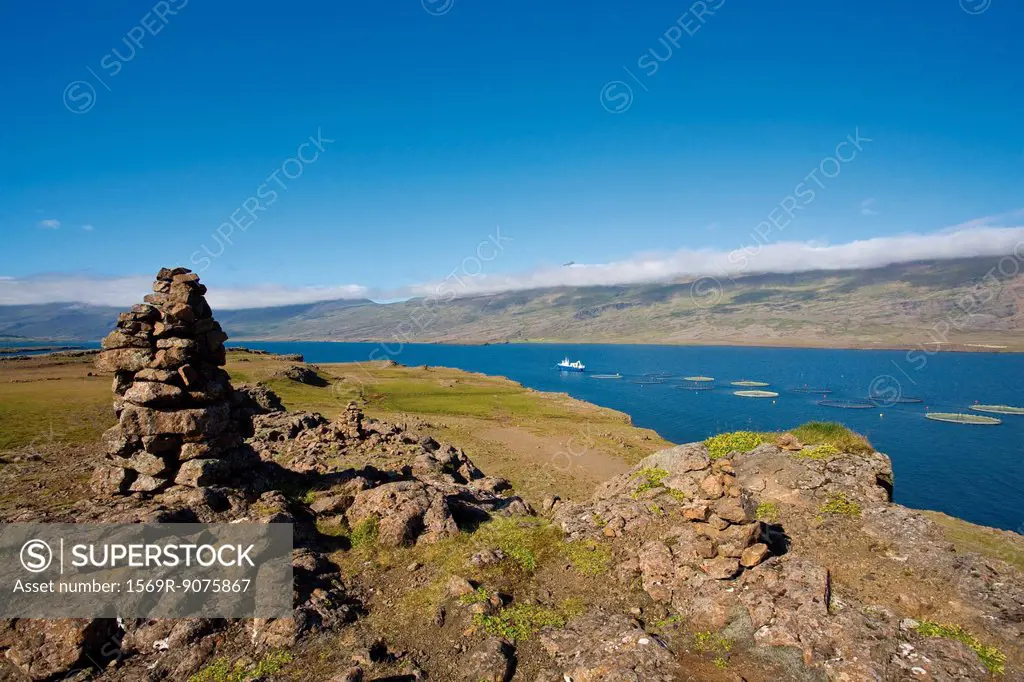 Iceland, scenic view with aquafarm visible in distance