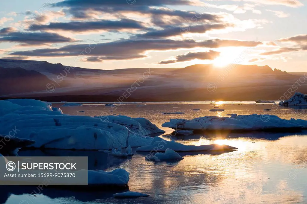 Sun setting over Jokulsarlon glacial lagoon, Iceland