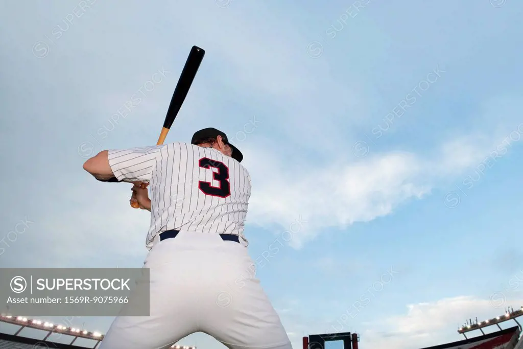 Baseball player preparing to bat, rear view