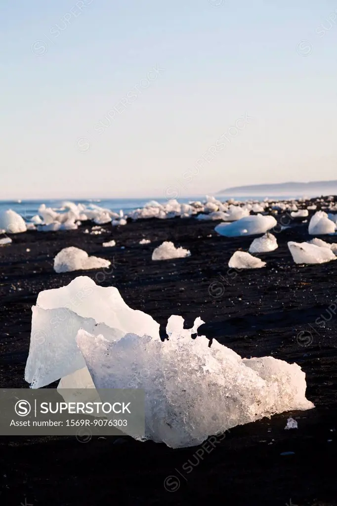 Large pieces of glacial ice washed up on beach, Jokulsarlon glacial lagoon, Iceland