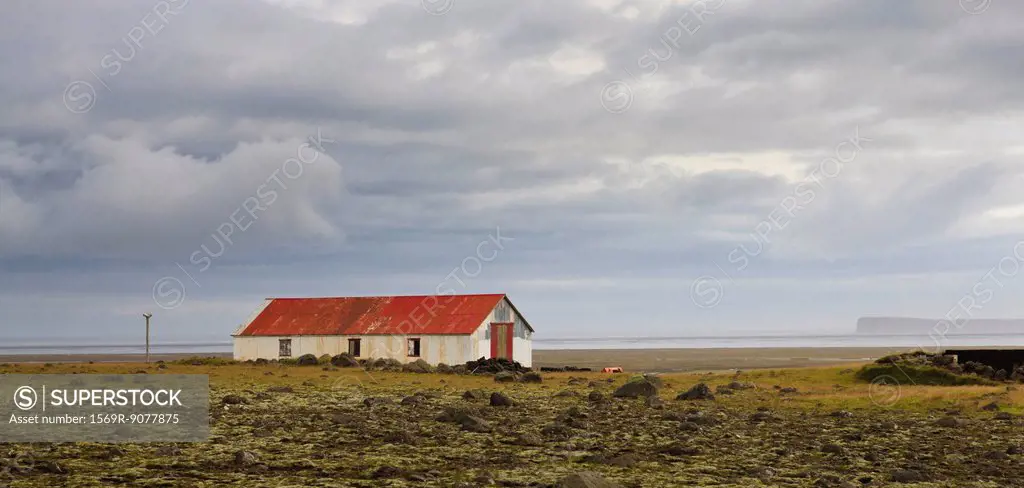 Panoramic rural scene with barn, Iceland