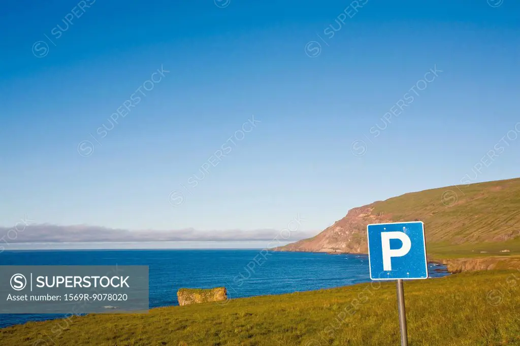 Parking sign in coastal landscape, Iceland