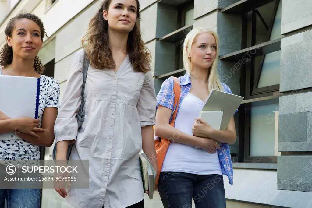 Female college students walking outdoors