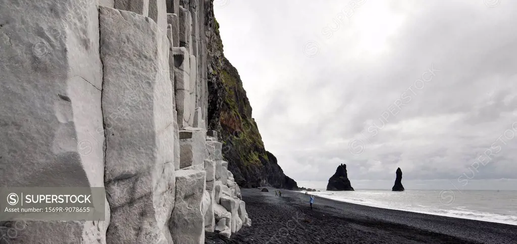 Iceland, Vik, basalt columns and black sand beach
