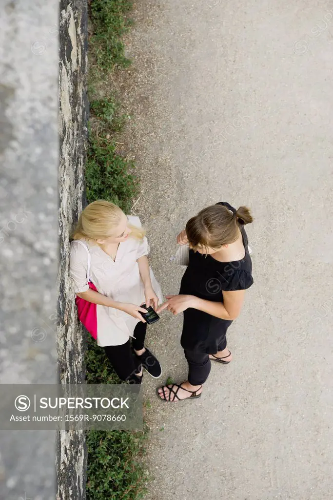 Young women looking at cell phone together outdoors, overhead view