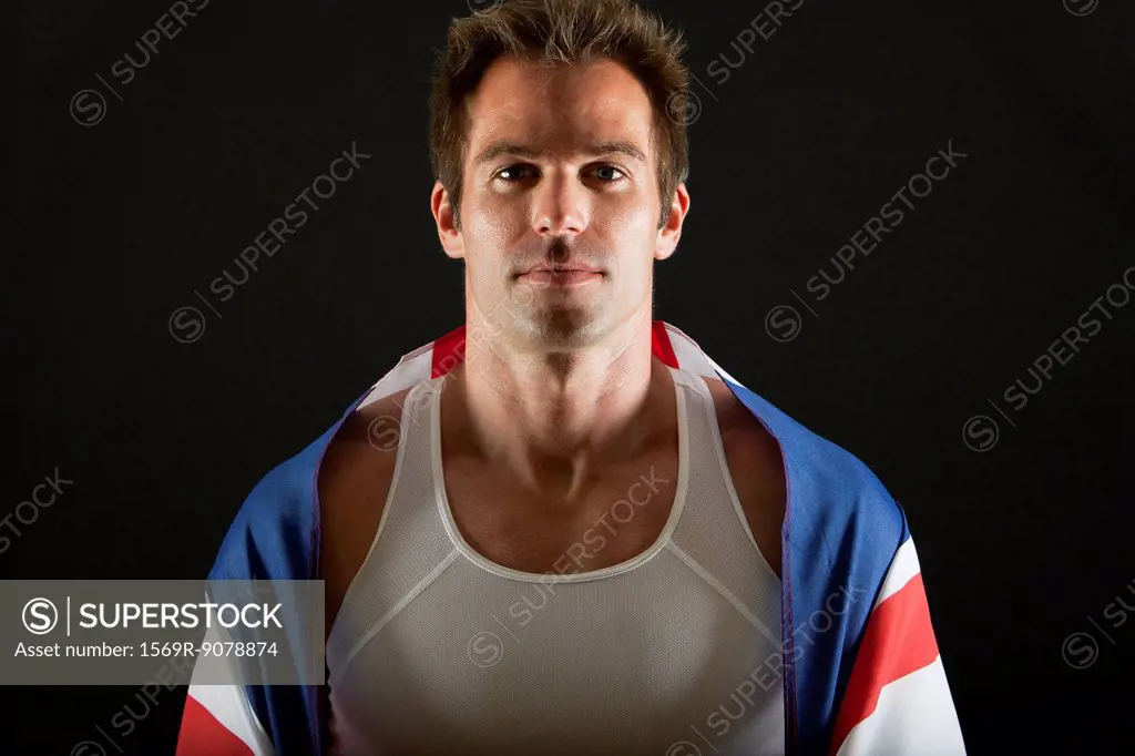 Athlete covered with British flag, portrait