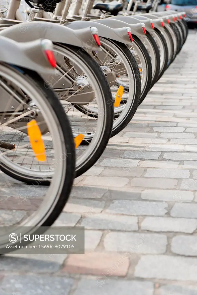 Bicycles parked in a row, cropped