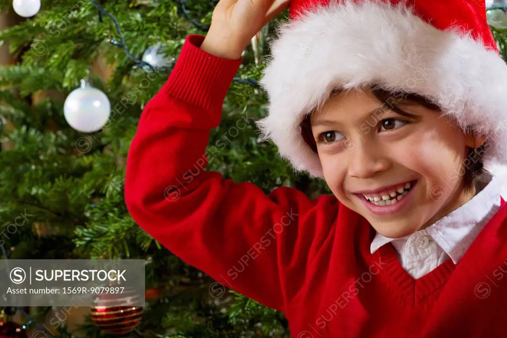 Boy wearing Santa hat, portrait