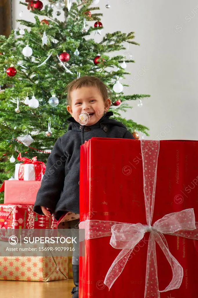 Baby girl standing behind large Christmas present, laughing