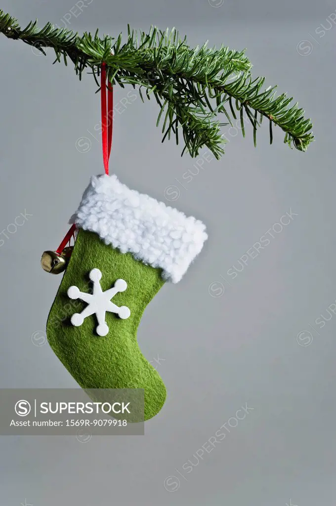 Christmas stocking ornament hanging on branch