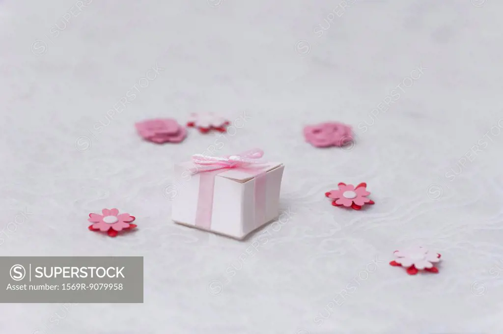 Miniature wrapped gift and paper flowers