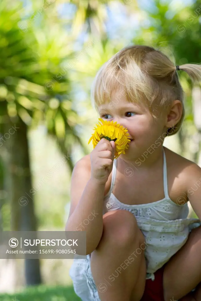 Little girl smelling flower
