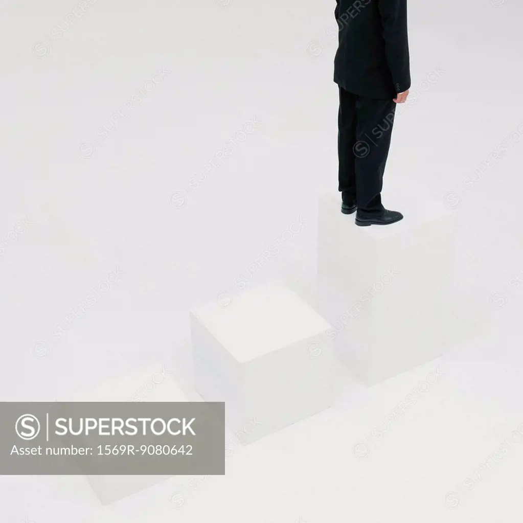 Businessman standing on highest step, cropped
