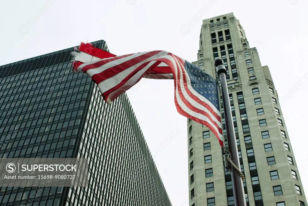 American flag waving in the wind, River North neighborhood, Chicago