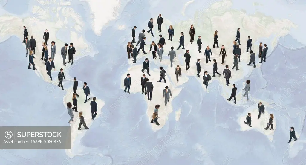 Large group of executives walking on world map