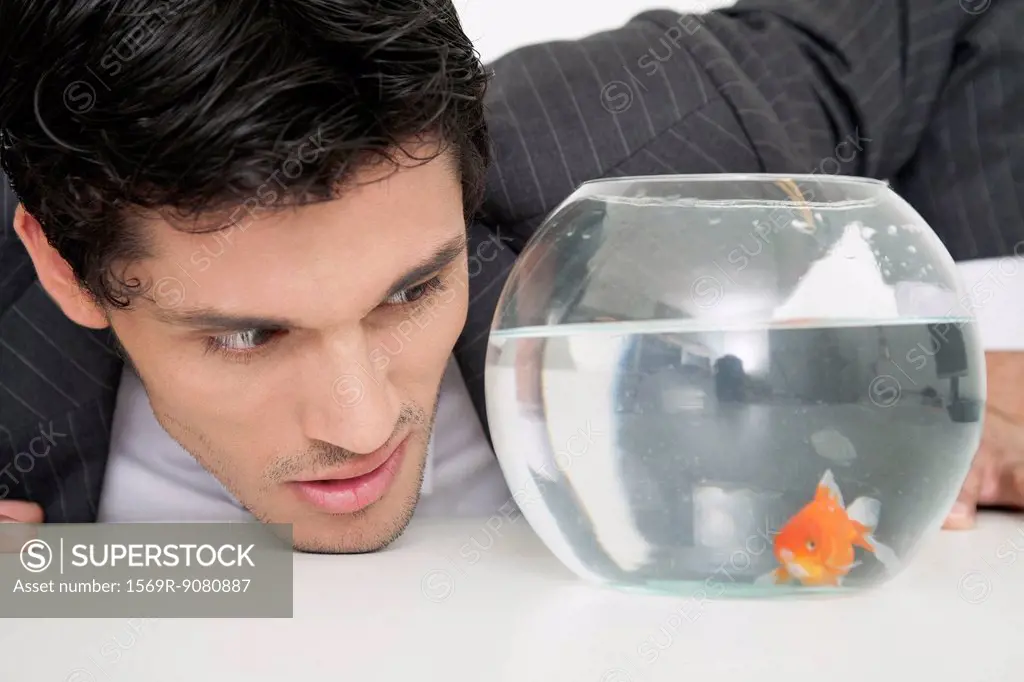 Businessman looking at goldfish in fishbowl