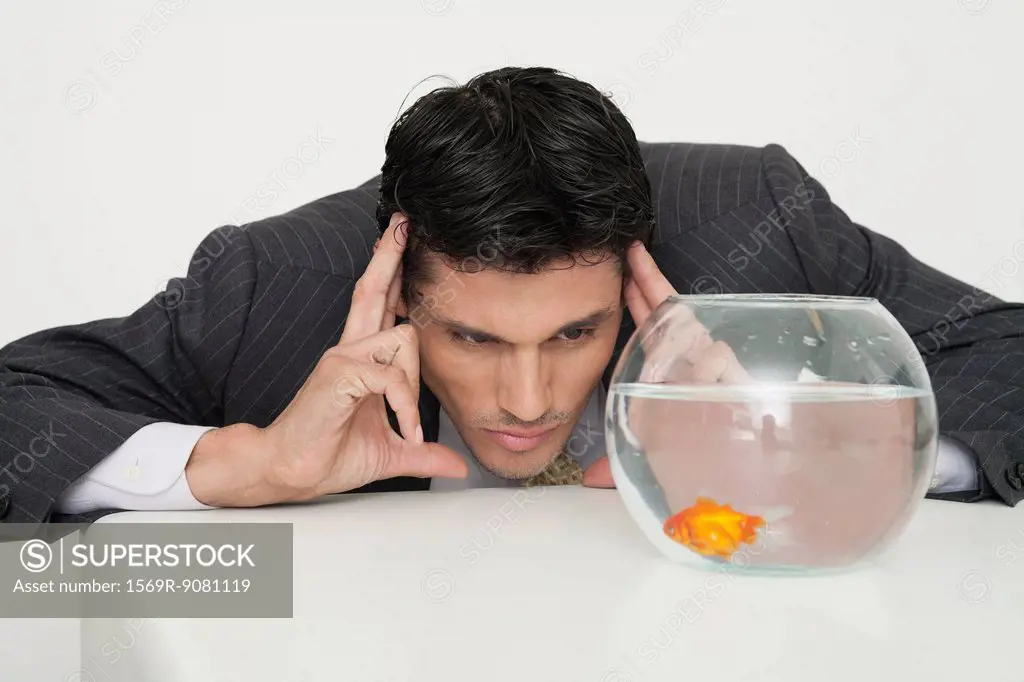 Businessman staring at goldfish in bowl