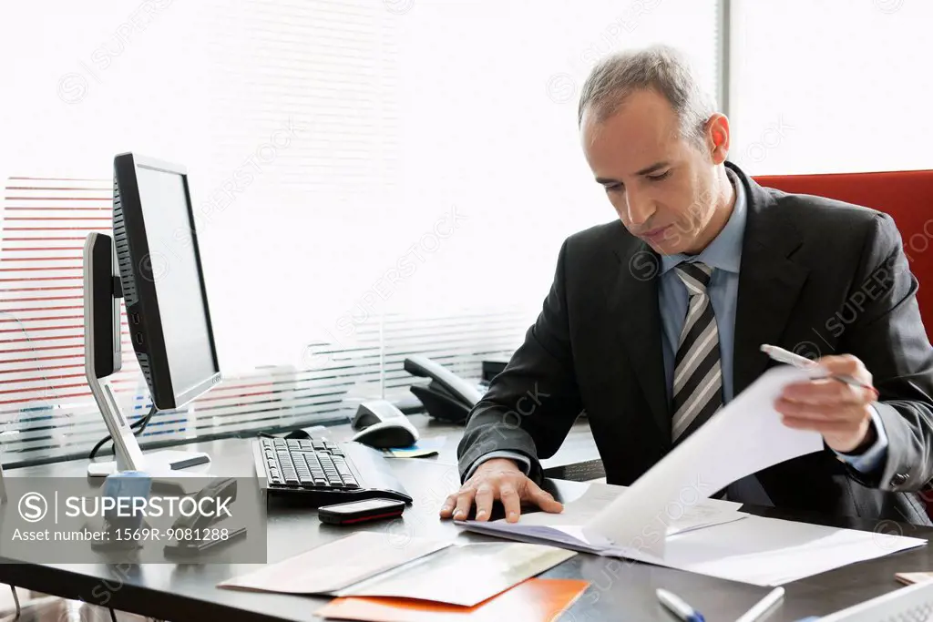 Business executive reviewing documents in office