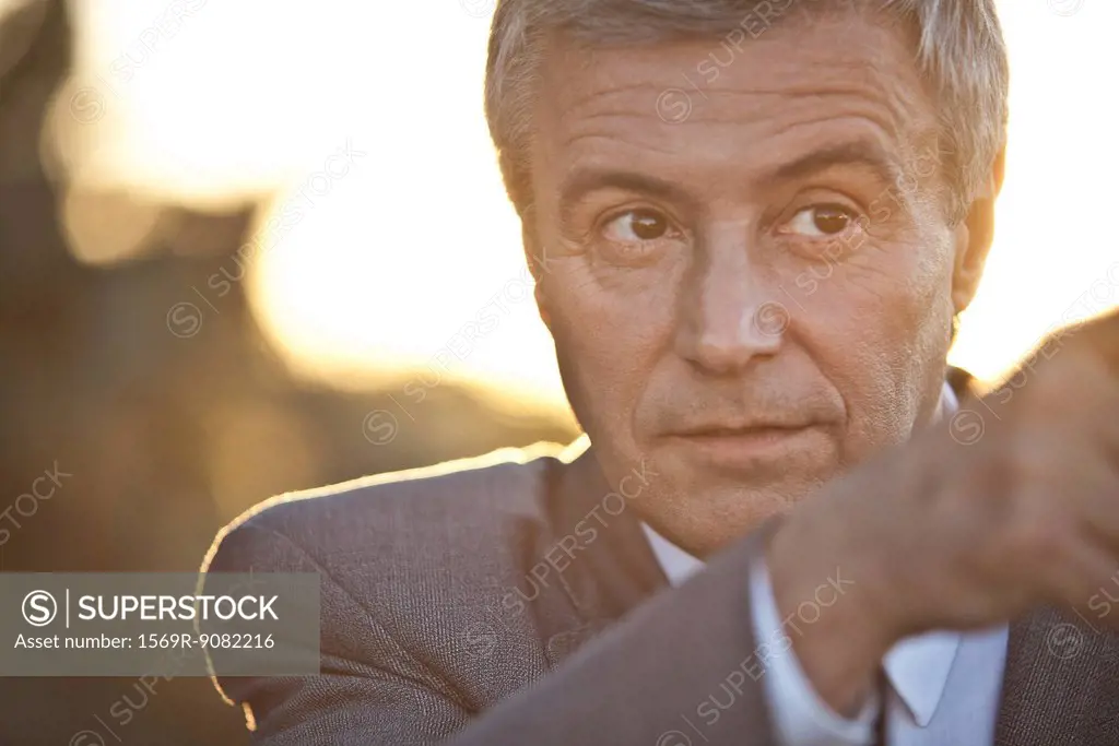 Mature businessman pointing, backlit