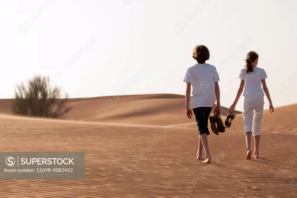 Children walking in desert, rear view