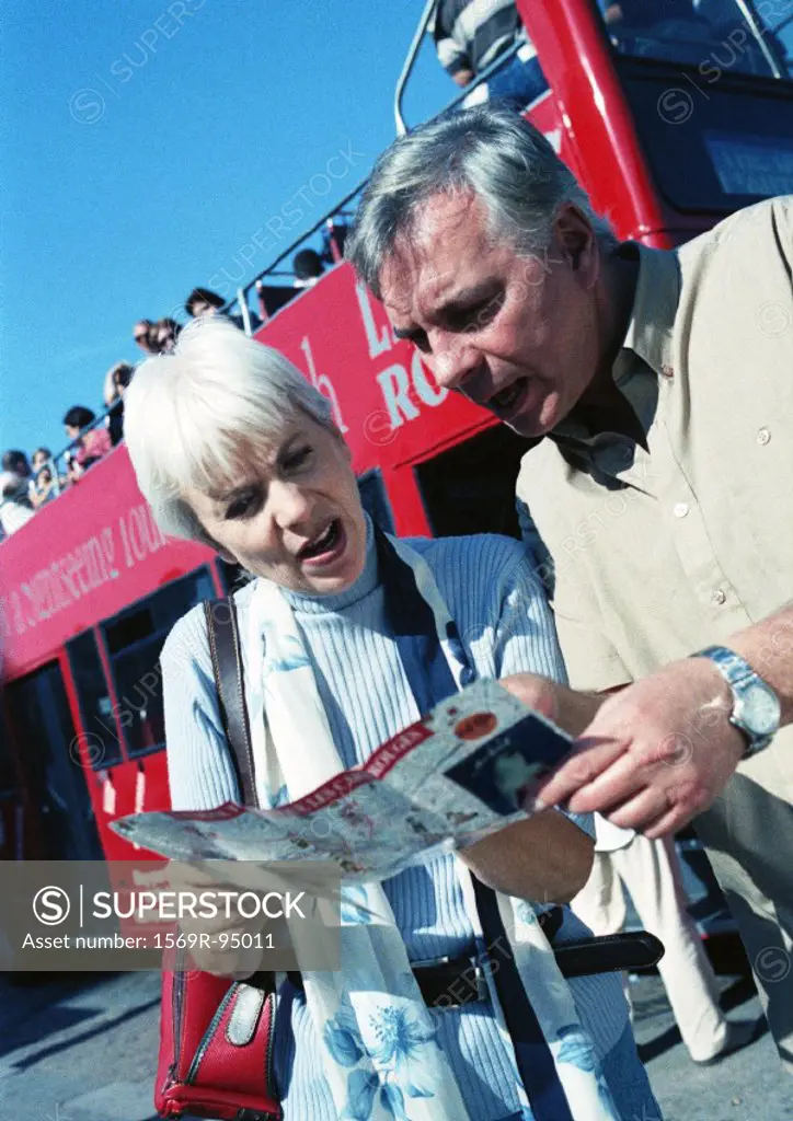Mature woman and man examining a brochure
