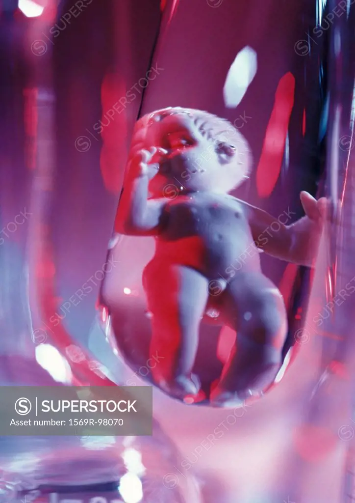 Plastic baby doll in test tube, close-up