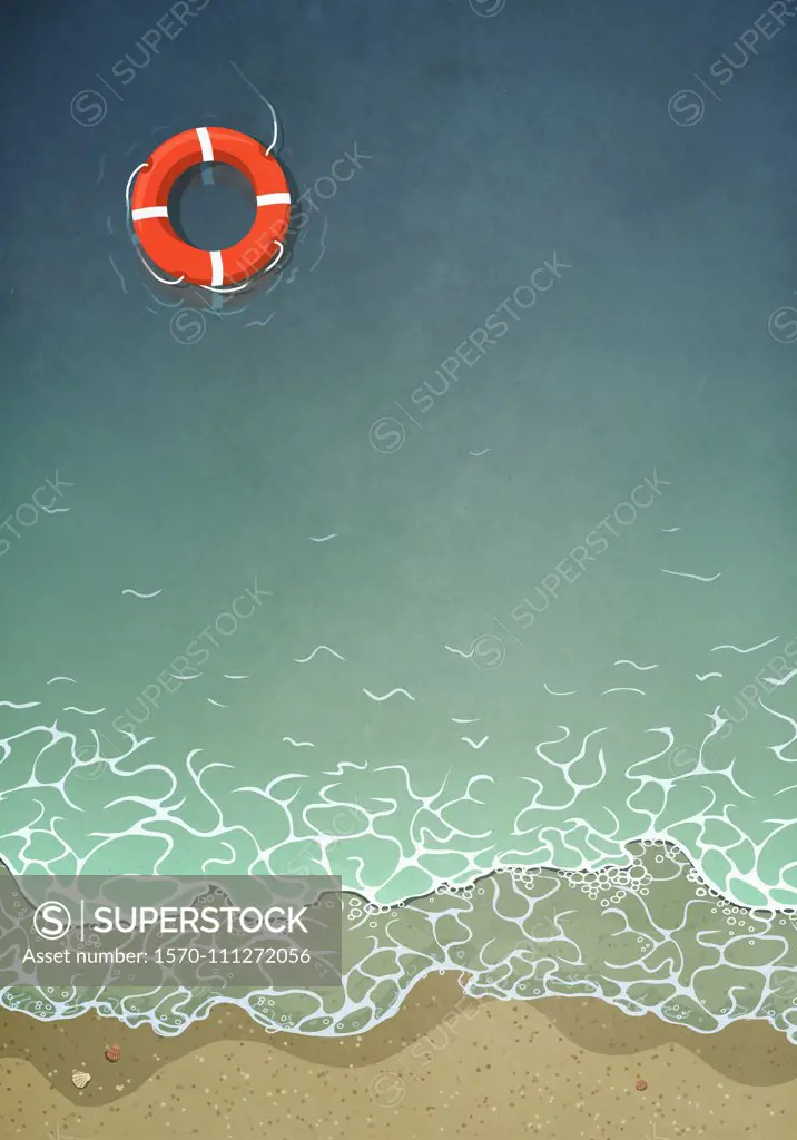 Life ring floating in ocean water